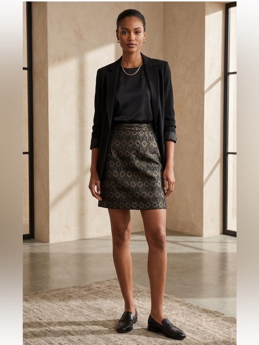 Tory Burch Siri Black Shiney Skirt Jacquard Diamond Textured Pattern